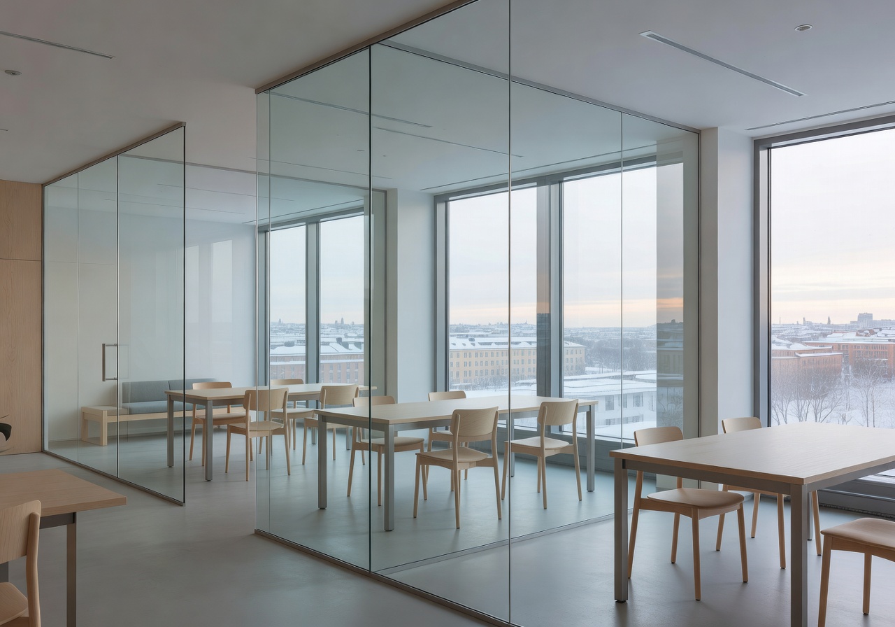 Beautiful minimal Scandinavian glass architecture coworking space in Helsinki
