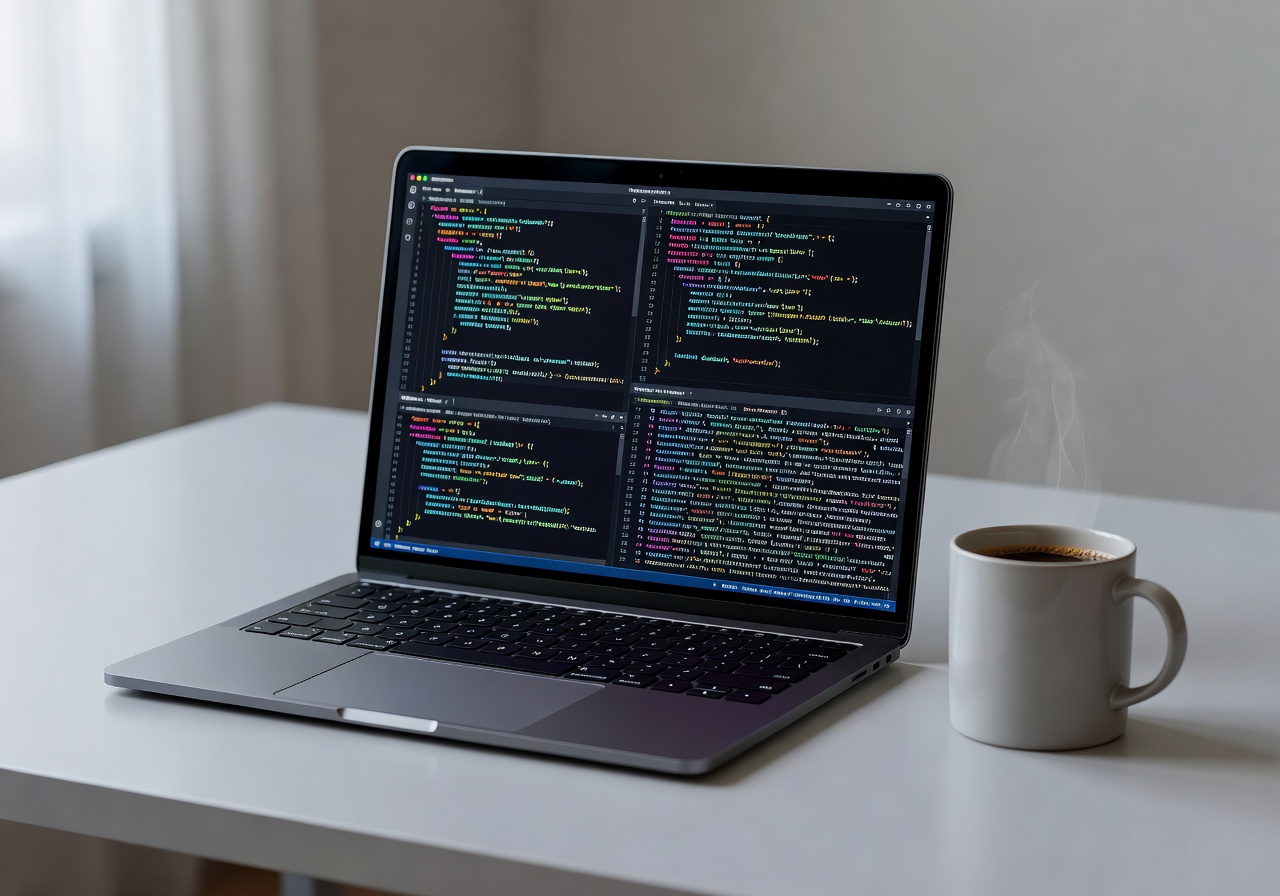 Clean minimal setup laptop showing complex code layout and designer mug
