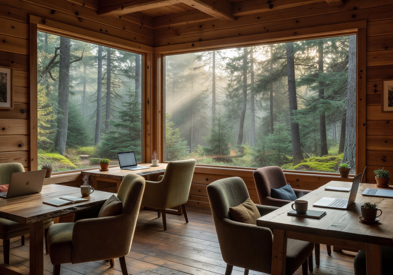 Cozy wooden cabin style coworking office with panoramic forest views