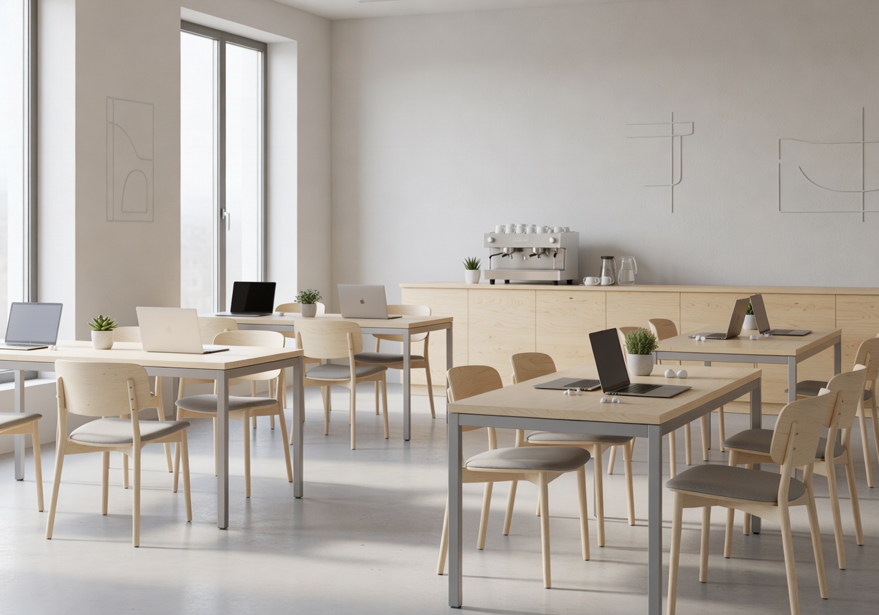 Elegant Nordic startup-friendly cafe style workspace layout