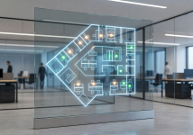 Futuristic interactive glass office map with desk booking system