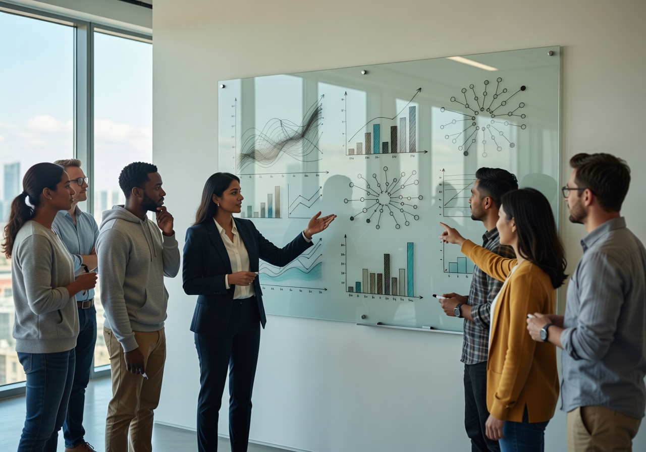 Modern agile product team reviewing metrics on glass writing boards