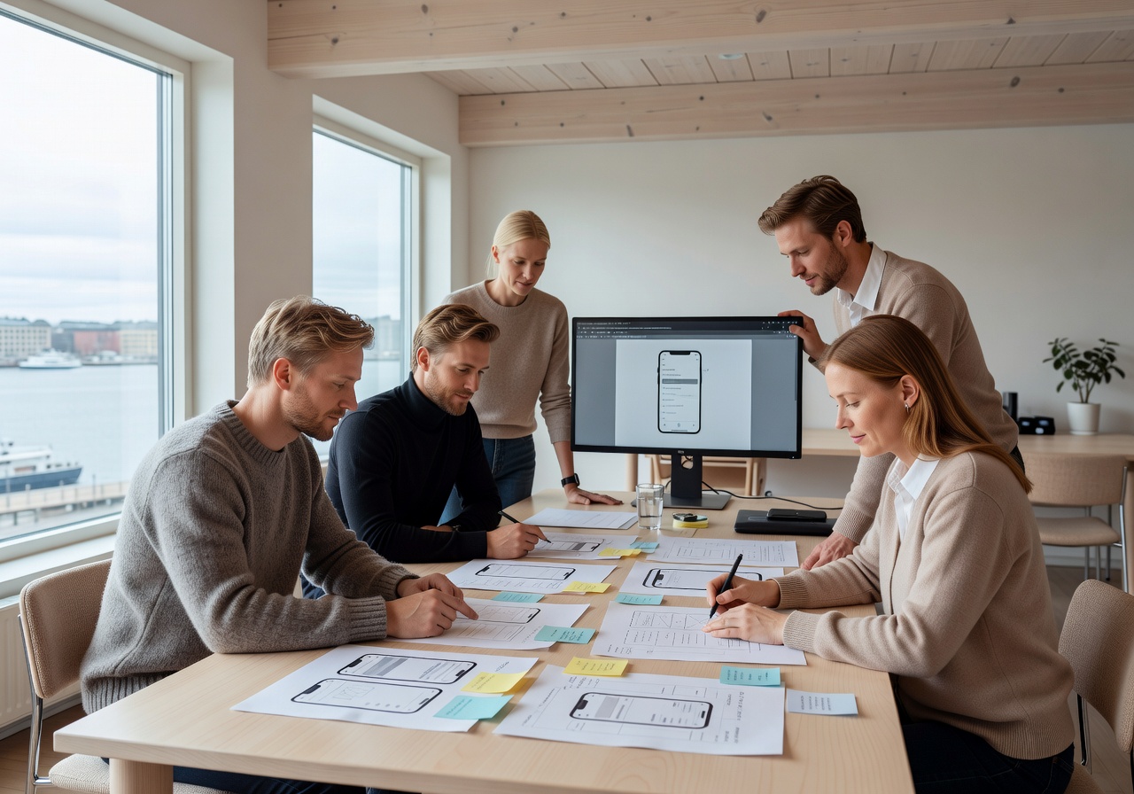 Nordic software developers and product designers collaborating over mockups in Helsinki coworking space