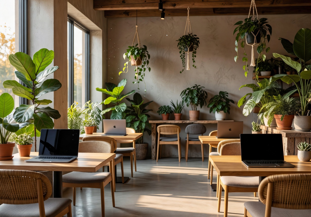 Quiet sunlit modern cafe workspace filled with plants and laptops