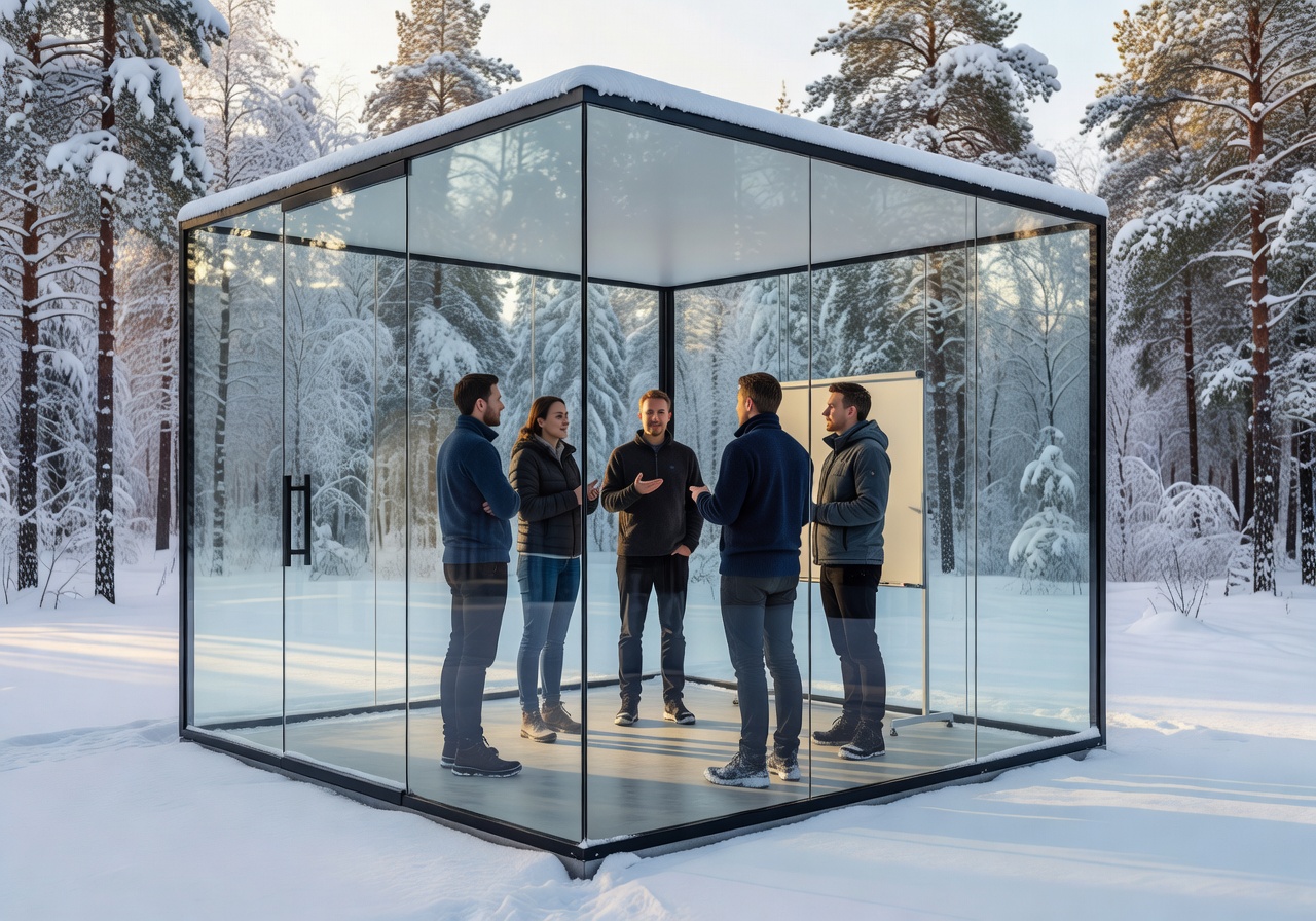 Remote Finnish software development team having a standup meeting in glass office space