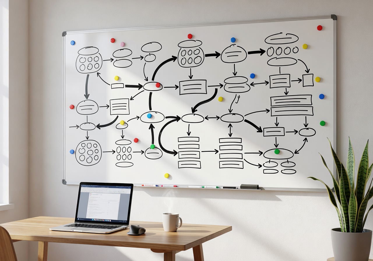 Remote workspace whiteboard with user flow planning maps