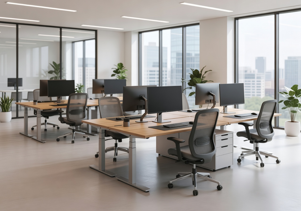 Shared office environment with modern desks and ergonomic office setups